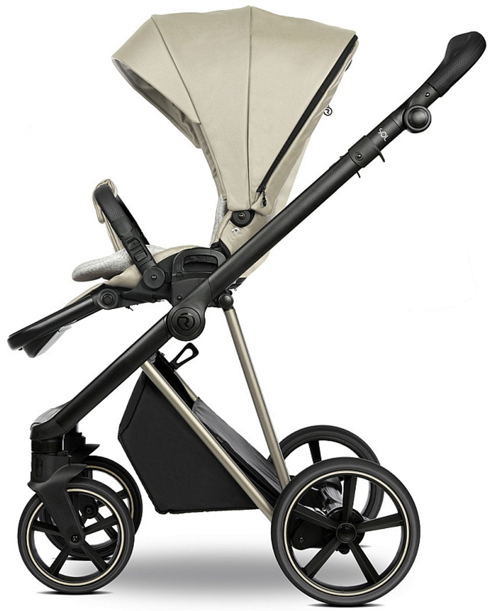 Детская коляска Roan Sol Vintage Luxury Leather 2.0 3 в 1 с автокреслом Tutis Elo Black VEGA11DB Almond Sugar /Champagne/руч.Champagne