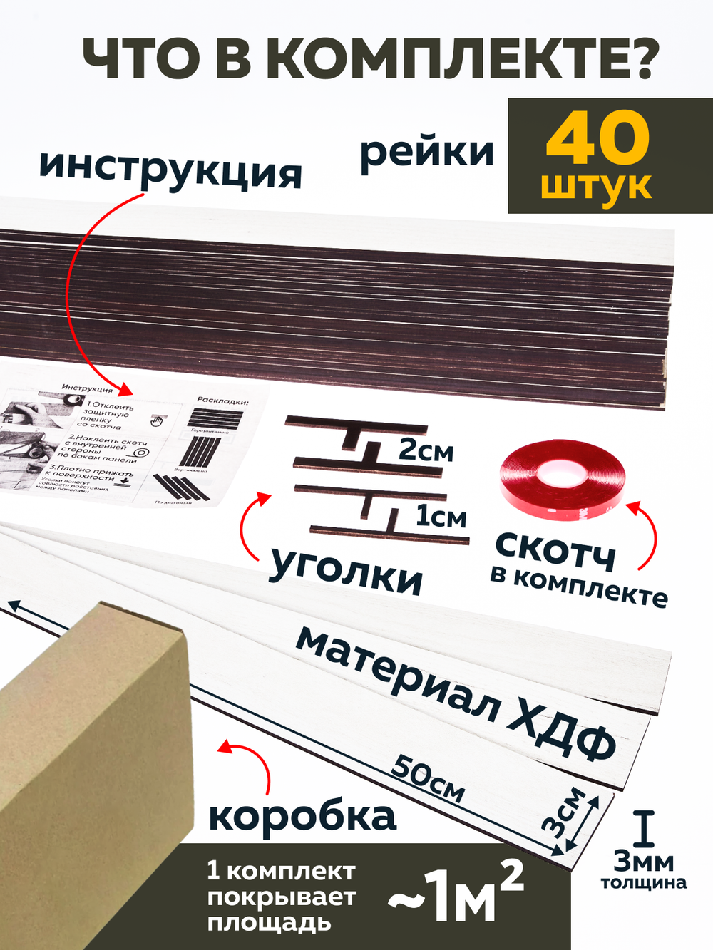 Панели самоклеящиеся для стен, деревянные рейки, 3см, Белый лак