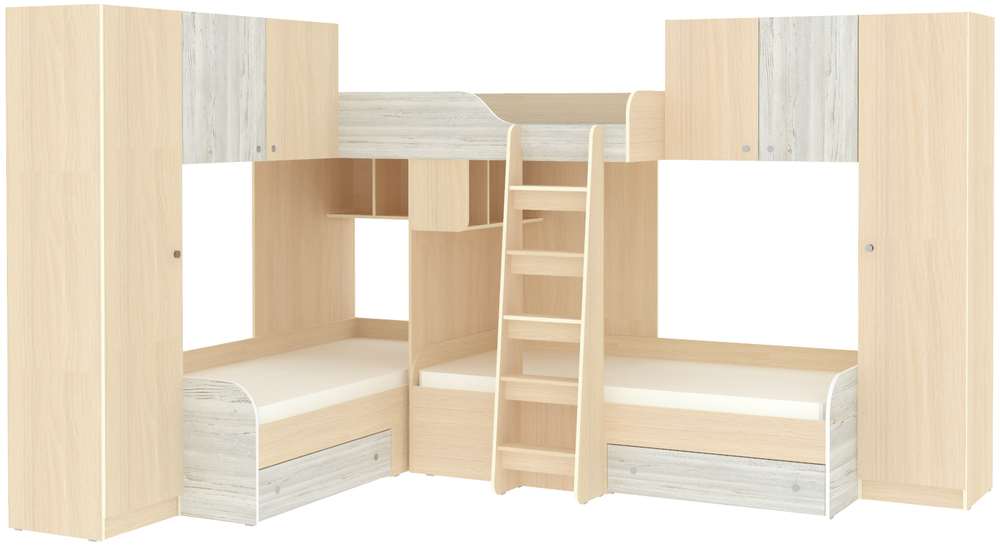 Трехместная кровать КарИВи Трио 3  Дуб Молочный Винтерберг