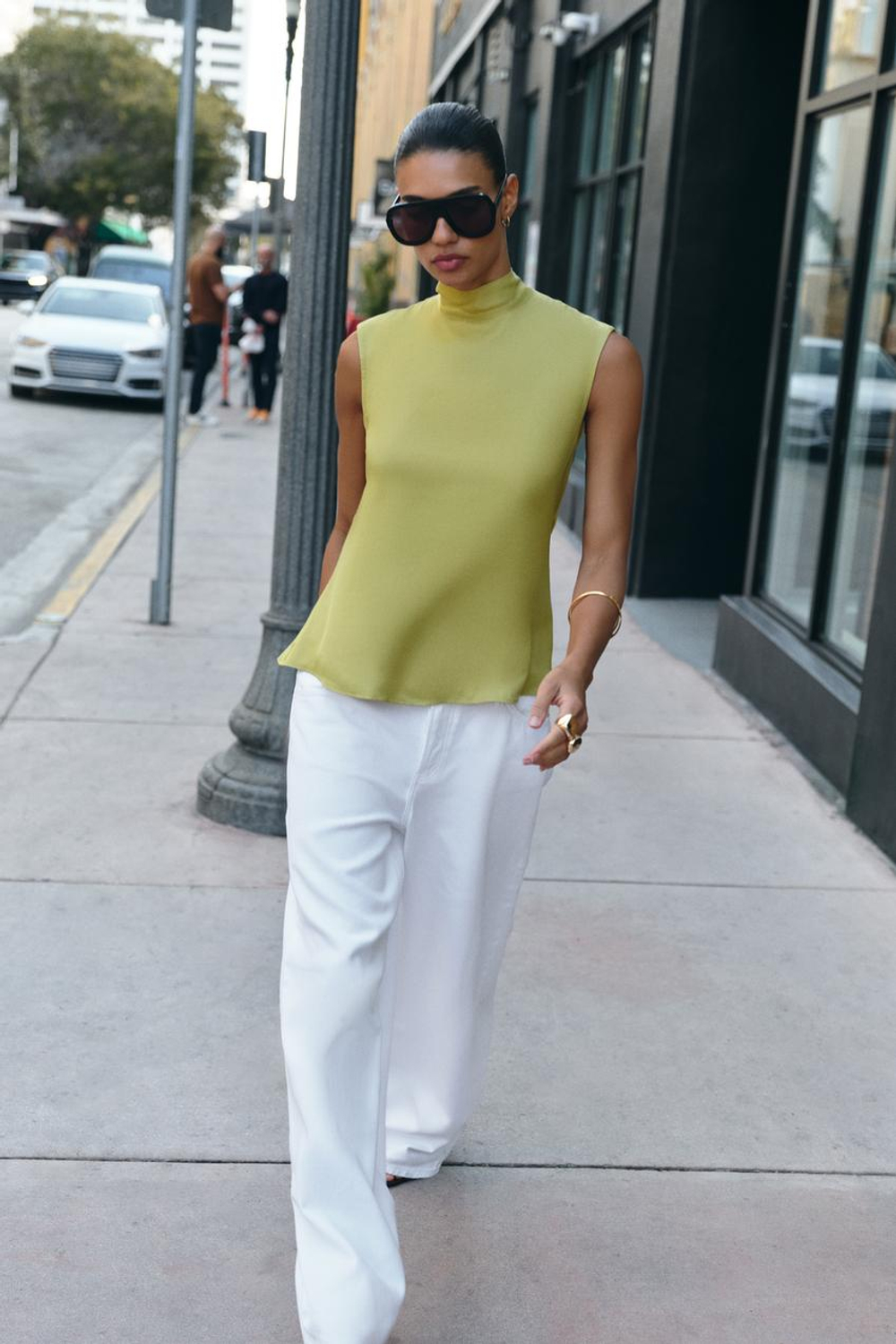 ZARA АТЛАСНЫЙ ТОП С БАНТОМ, ФИСТАШКОВЫЙ