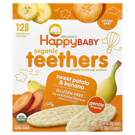 Happy Family Organics, Happy Baby®, органические прорезыватели для зубов, нежные вафли для прорезывания зубов, батат и банан, 12 пакетиков по 4 г (0,14 унции)