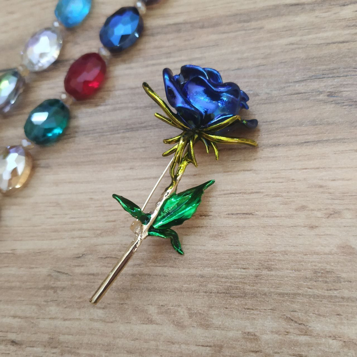 Брошь Роза синяя эмаль цветная металл золотистый