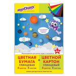 Набор цветного картона и бумаги А4 мелованные (глянцевые), 8 + 8 цветов, в папке, ЮНЛАНДИЯ, 200х290 мм, "ПЛАНЕТЫ", 129570