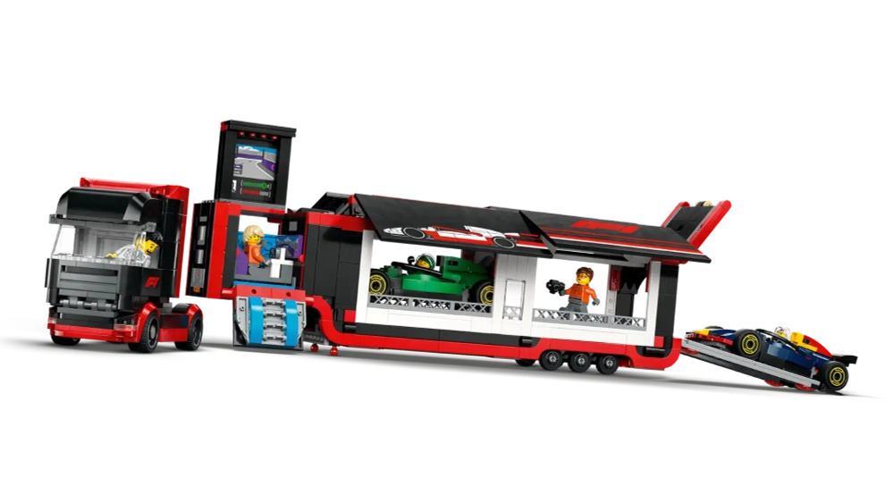 Конструктор LEGO City 60445 Грузовик с автомобилями RB20 и AMR 24 F1