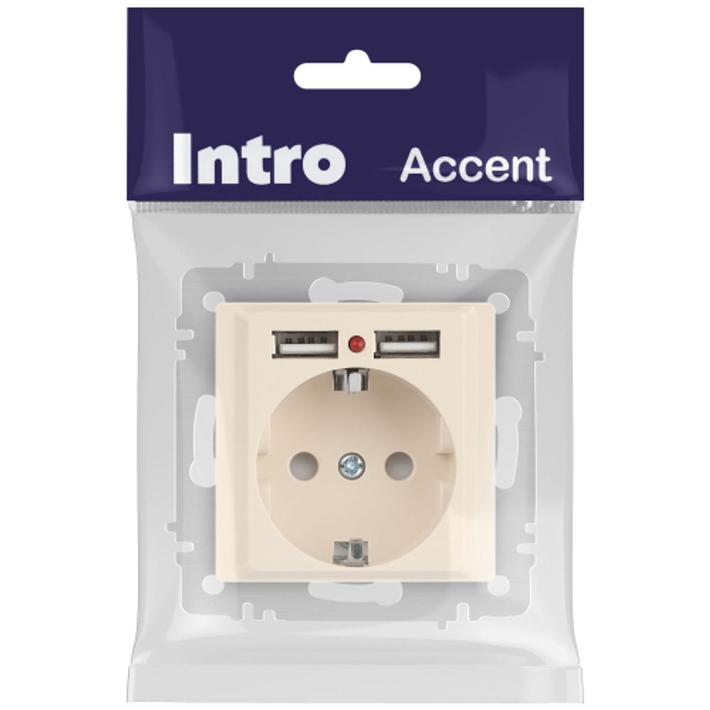 Розетка Intro Accent 6-410-02 с заземлением 2P+E Schuko со шторками 16А-250В + 2хUSB IP20 СУ слоновая кость | Intro