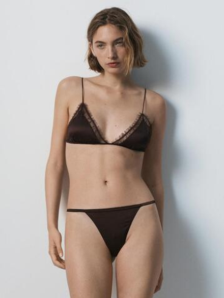 Massimo Dutti Шелковые трусики с кружевной отделкой, коричневый