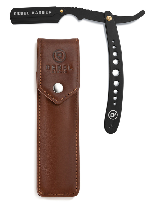REBEL BARBER Predator Black - Опасная бритва со сменным лезвием с кожаным чехлом