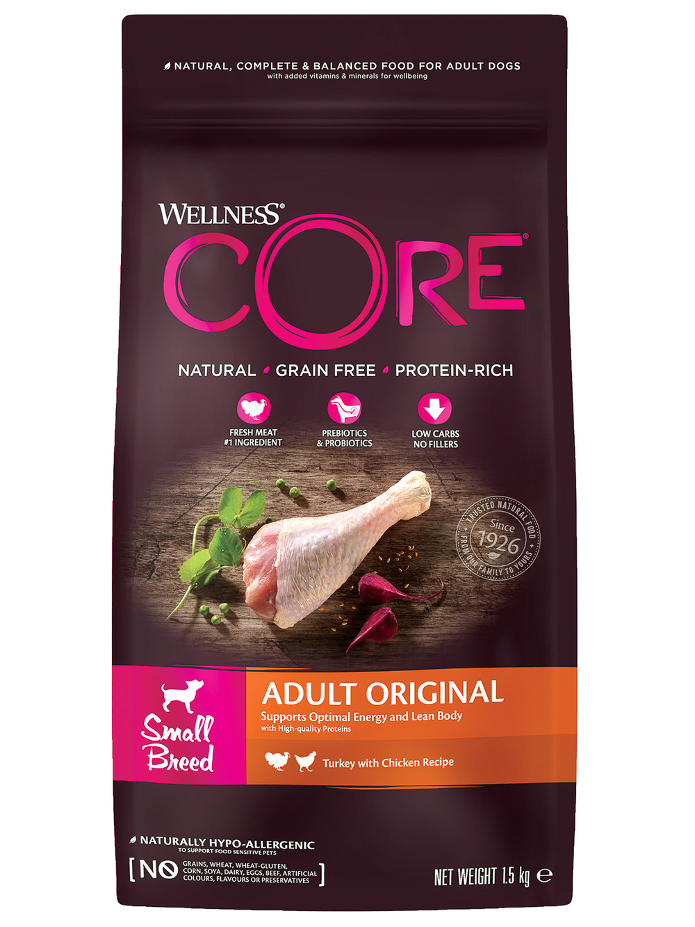 Сухой корм CORE для взрослых собак мелких пород из индейки с курицей 1,5 кг
