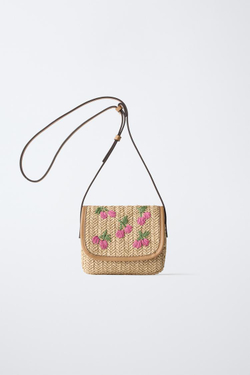 ZARA СУМКА ИЗ РАФИИ С ВИШНЯМИ, РОЗОВЫЙ