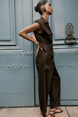 ZARA БРЮКИ ИЗ ЛЬНЯНОЙ ТКАНИ С БУСИНАМИ НА ШНУРКЕ, КОРИЧНЕВЫЙ