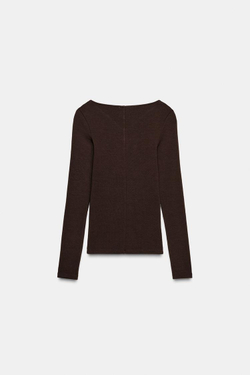 ZARA ФУТБОЛКА С V-ОБРАЗНЫМ ВЫРЕЗОМ, КОРИЧНЕВЫЙ