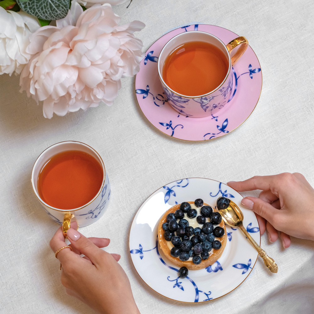 Чайная пара Farforite «Розовая / Blue Garden» 250 мл в подарочной коробке