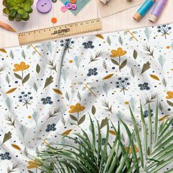 Ткань шифон болотные листья и цветы на белом фоне