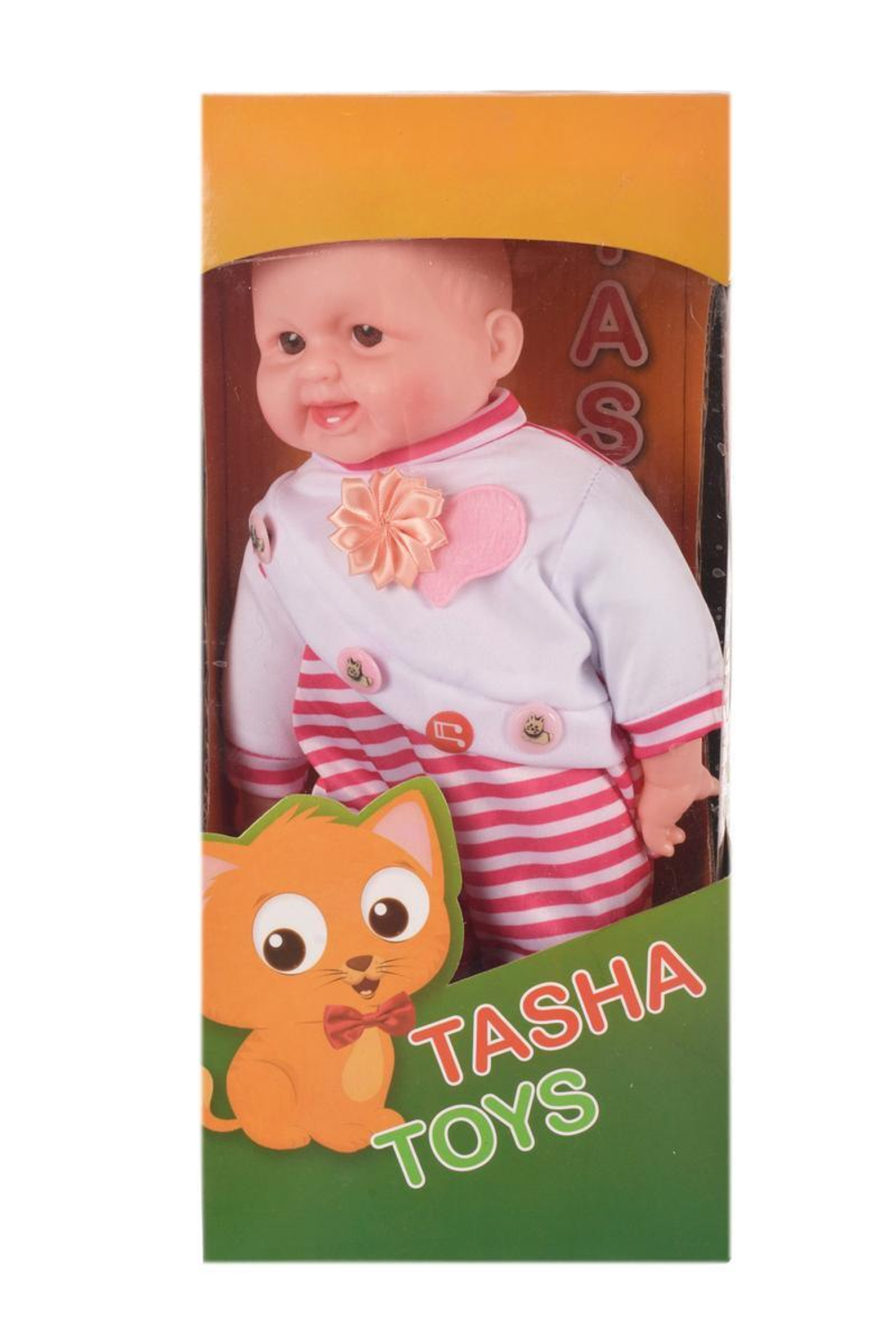 Пупс в комбинезоне и колпаке в полоску Малиновый в упаковке 16x35x8см. (Hand)