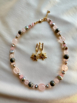 Ожерелье 3 стихии из жемчуга, кварца и яшмы