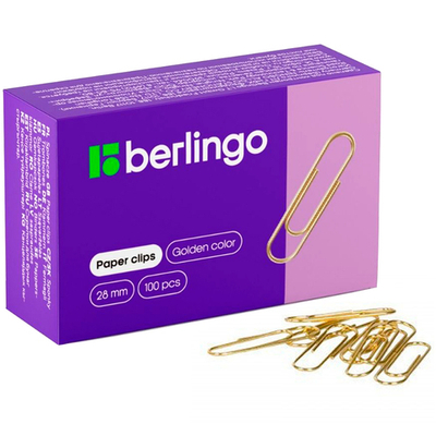 Скрепки BERLINGO 28 мм, золотистые, 100 шт/упак