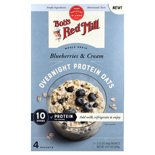 Bob's Red Mill, Overnight Protein Oats, цельнозерновые продукты, голубика и сливки, 4 пакетика по 60 г (2,12 унции)
