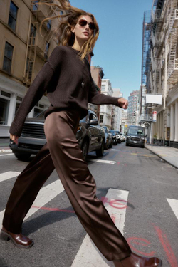 ZARA АТЛАСНЫЕ БРЮКИ ПРЯМОГО КРОЯ, КОРИЧНЕВЫЙ