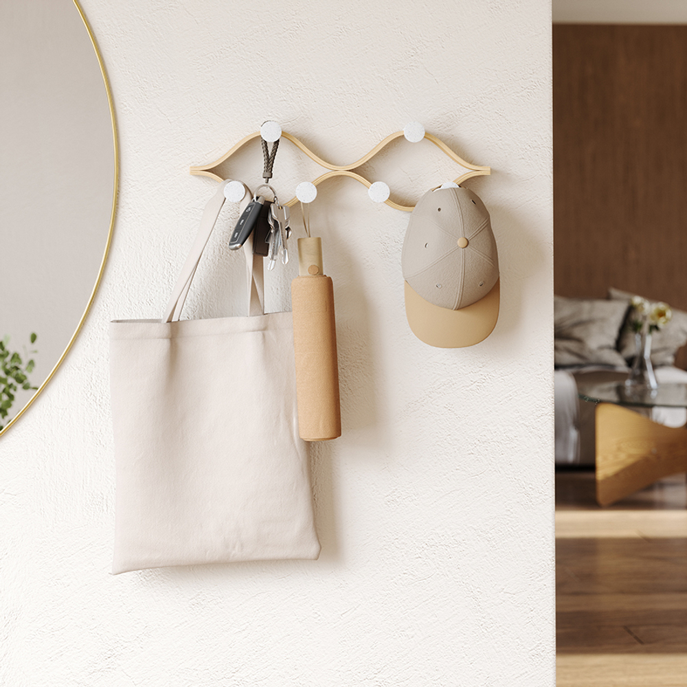 Вешалка настенная Montage, 6 крючков, натуральное дерево/белая