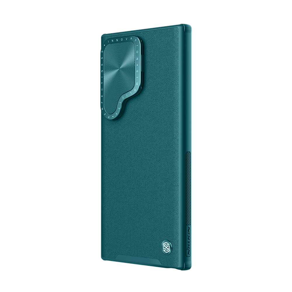 Чехол с вставками из кожи зеленого цвета (Exuberant Green) от Nillkin для Samsung Galaxy S24 Ultra, с откидной металлической крышкой для камеры, серия CamShield Prop Leather Case