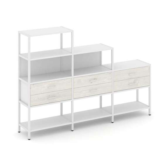 Shelf System Трехсекционный стеллаж четырех/трех/двухярусный с ящиками SN.STM-431 Белый/Дуб Наварра/
