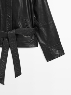 Massimo Dutti Куртка из кожи наппа с поясом, черный
