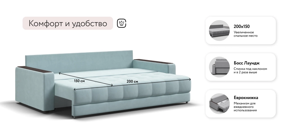 Диван Босс Про Велюр Монолит аква — стильный прямой диван для комфортного отдыха и сна