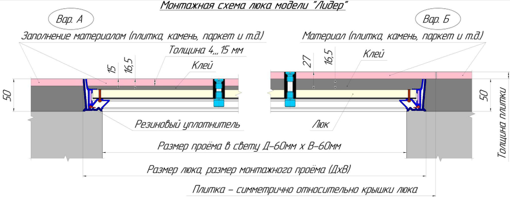 Люк напольный Лидер 400х600 заполняемый под плитку