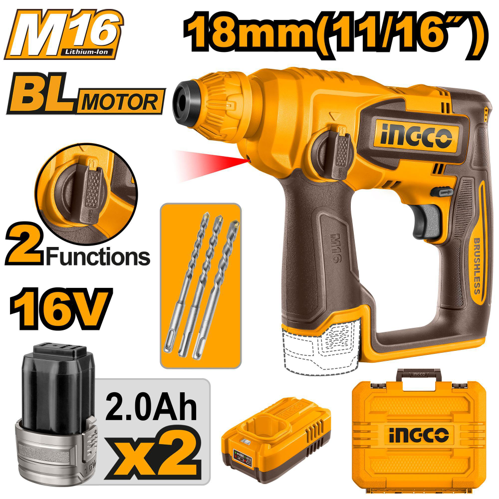 Аккумуляторный бесщёточный перфоратор INGCO CRHLI16168 INDUSTRIAL 16 В
