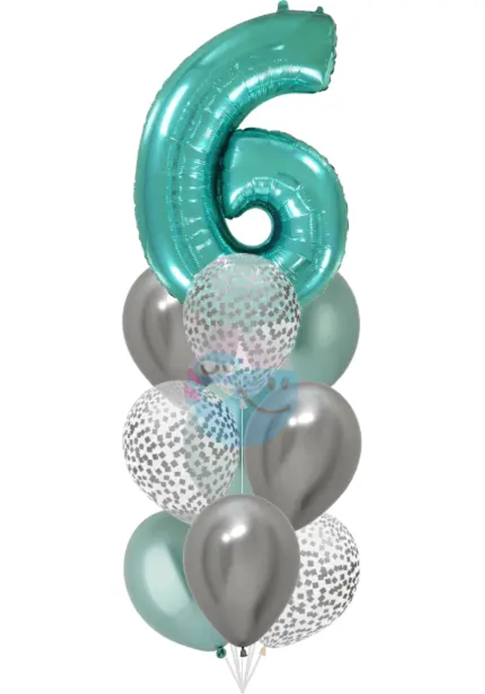 Фонтан c зеленой цифрой «6» из 10 воздушных шаров с гелием