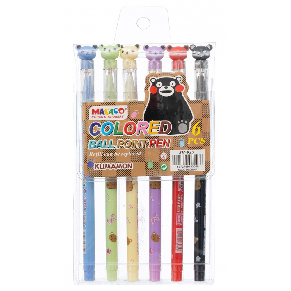 Ручка шариковая, масляная, Basir, цветные чернила, серия "МИШКИ", цветной корпус фигуркой, набор 6 шт