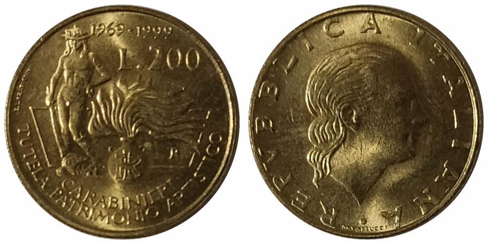 Италия 200 лир, 1999 Карабинеры, защита культурного наследия