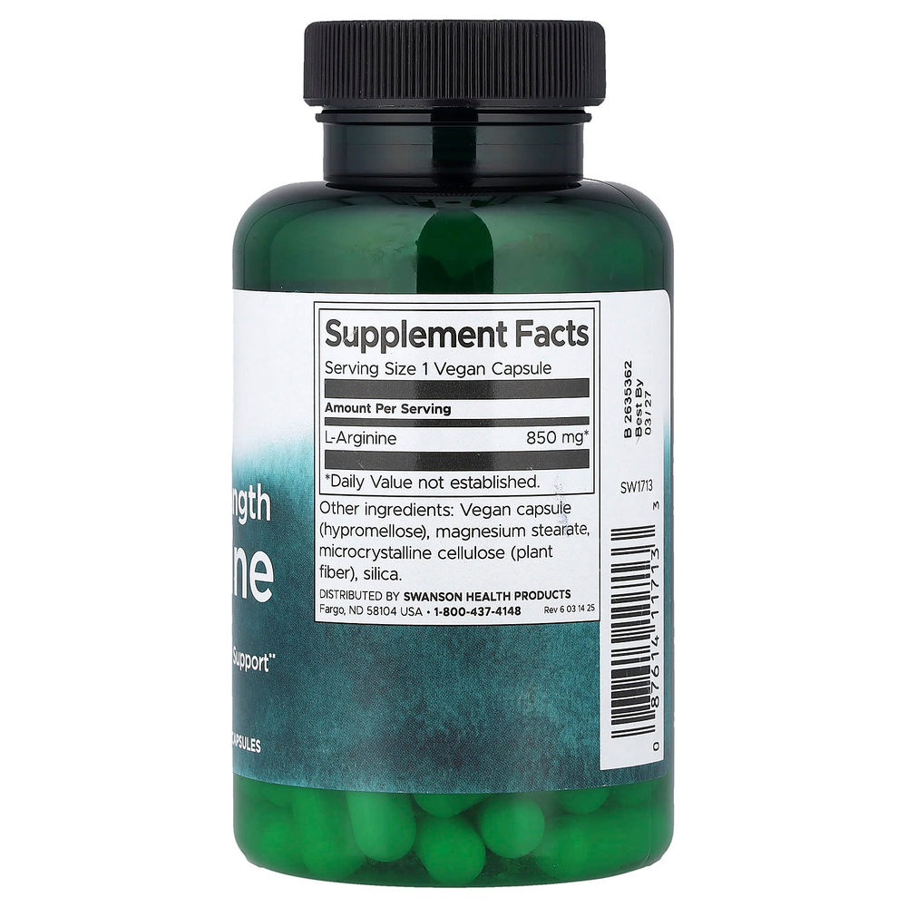 Swanson, L-аргинин, максимальная сила действия, 850 мг, 90 веганских капсул