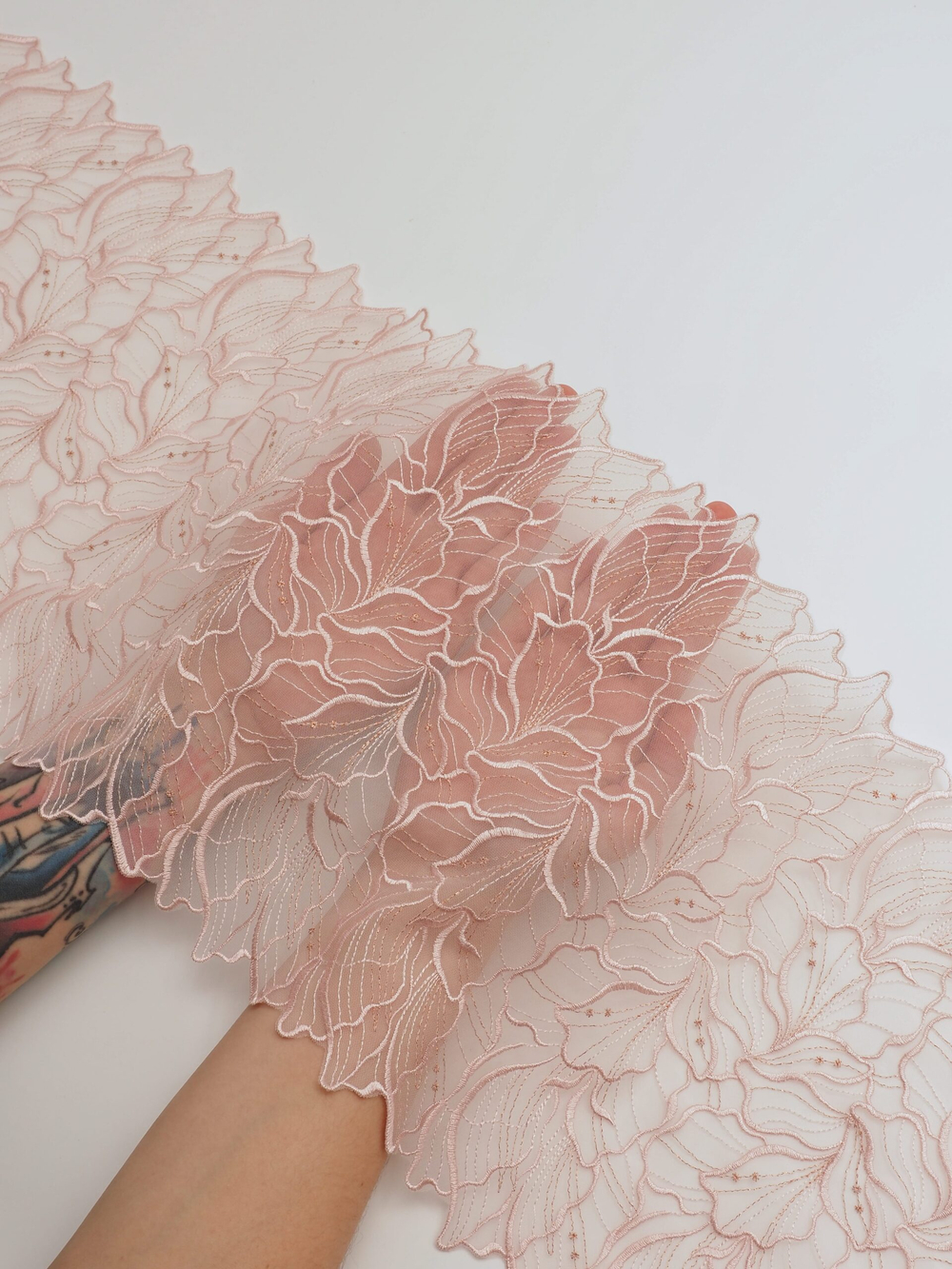 Вышивка на сетке пудровая c люрексом неэластичная ширина 24 см