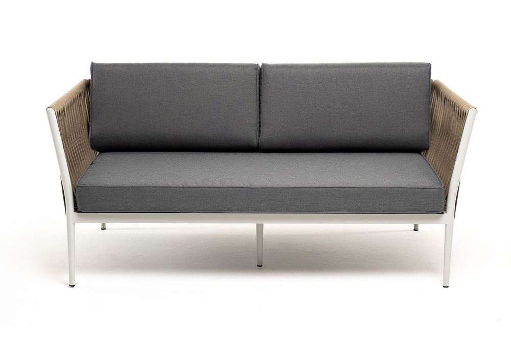 "Касабланка" диван 2-местный плетеный из роупа, каркас алюминий светло-серый (RAL7035) муар, роуп серо-коричневый 23мм, ткань серая 017