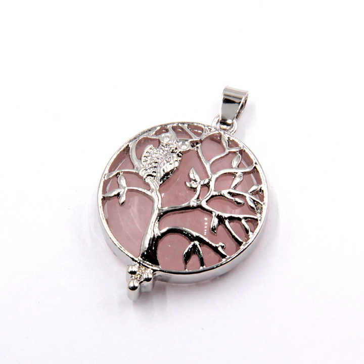 Подвеска-кулон Дерево Жизни Розовый Кварц форма круг в метал. оправе с филином цвет серебристый 3 см