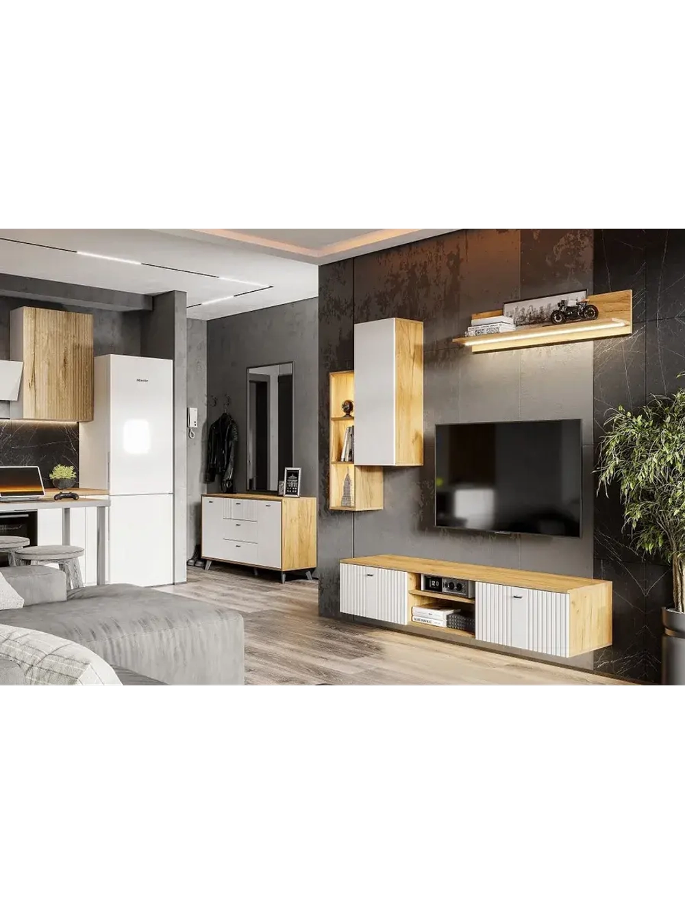 Модульная стенка со шкафом Дуб Золотой 185х42х127