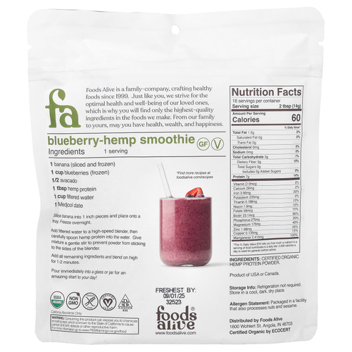 Foods Alive, Порошок из органического конопляного протеина, 227 г (8 унций)