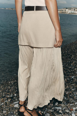 ZARA ЮБКА МИДИ ИЗ КОМБИНИРОВАННОЙ ТКАНИ С РЕМНЕМ, СВЕТЛО-БЕЖЕВЫЙ