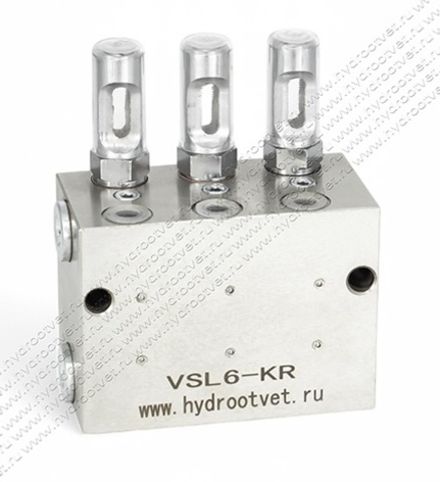VSL6-KR - Питатель для двухлинейных систем смазки с рабочим давлением 400 бар, количество выходов 6, максимальная доза 5 мл/цикл, с регулятором и индикатором