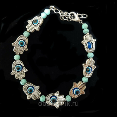 Браслет Рука с Глазом Фатимы. Серебристый с бирюзовыми вставками