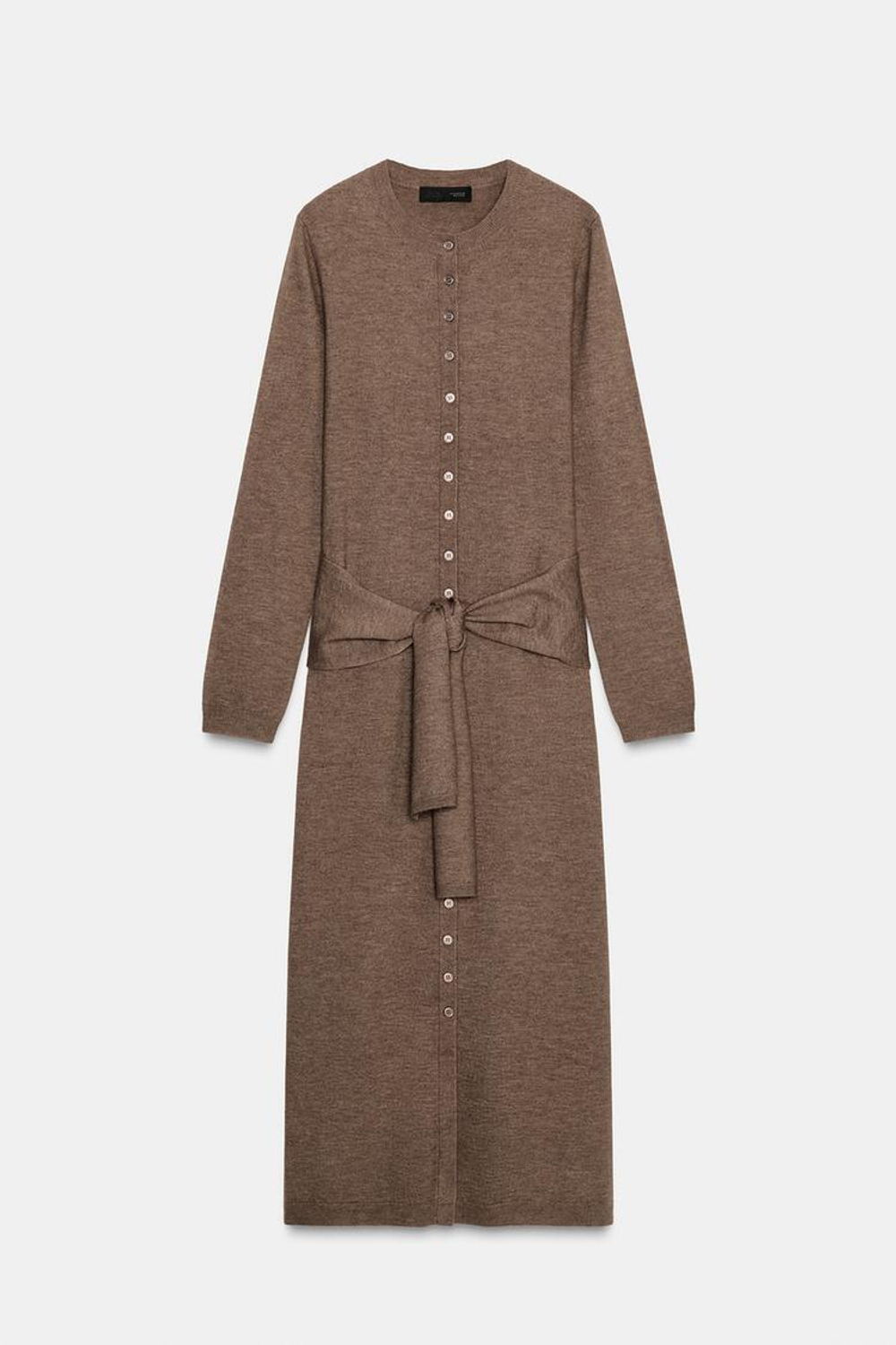 ZARA ТРИКОТАЖНОЕ ПЛАТЬЕ МИДИ С ПОЯСОМ, СЕРОВАТО-КОРИЧНЕВЫЙ