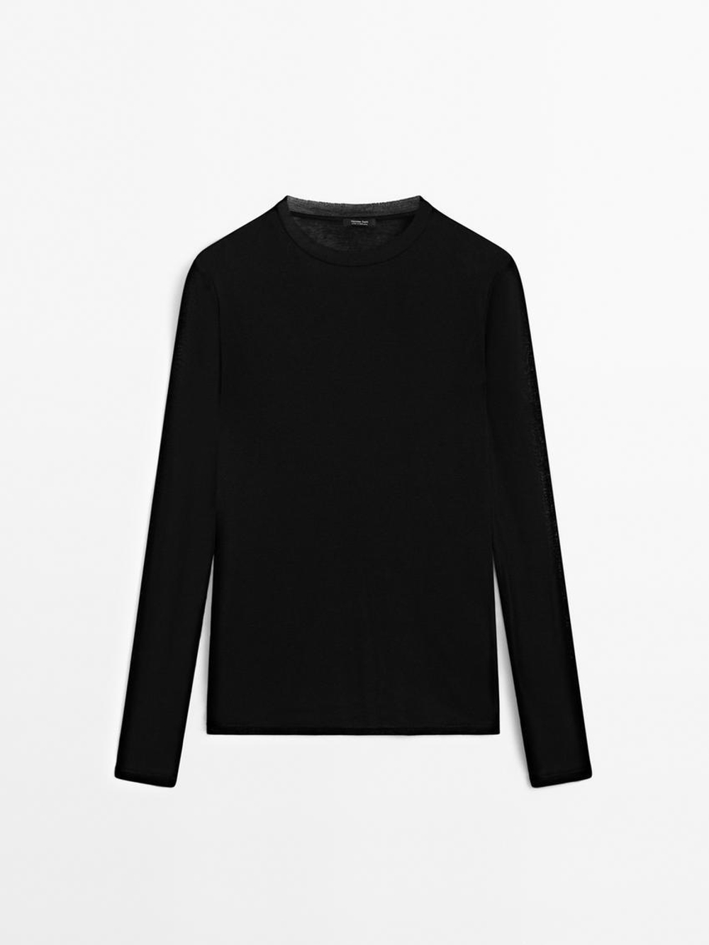 Massimo Dutti Футболка из 100% хлопка с деталями на воротнике, черный