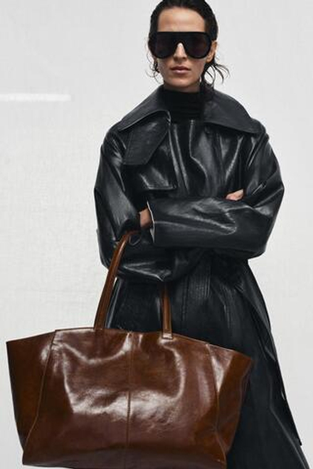 ZARA КОЖАНАЯ СУМКА-ШОПЕР С ДЕКОРАТИВНОЙ СТРОЧКОЙ, ТЕМНЫЙ РЫЖЕВАТО-КОРИЧНЕВЫЙ