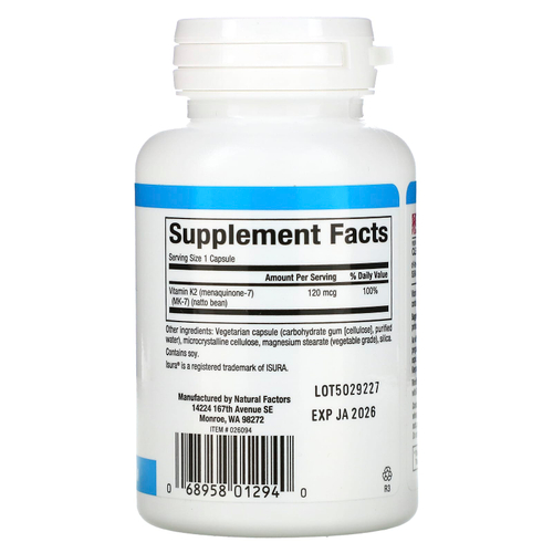 Natural Factors, витамин K2, 100 мкг, 60 вегетарианских капсул