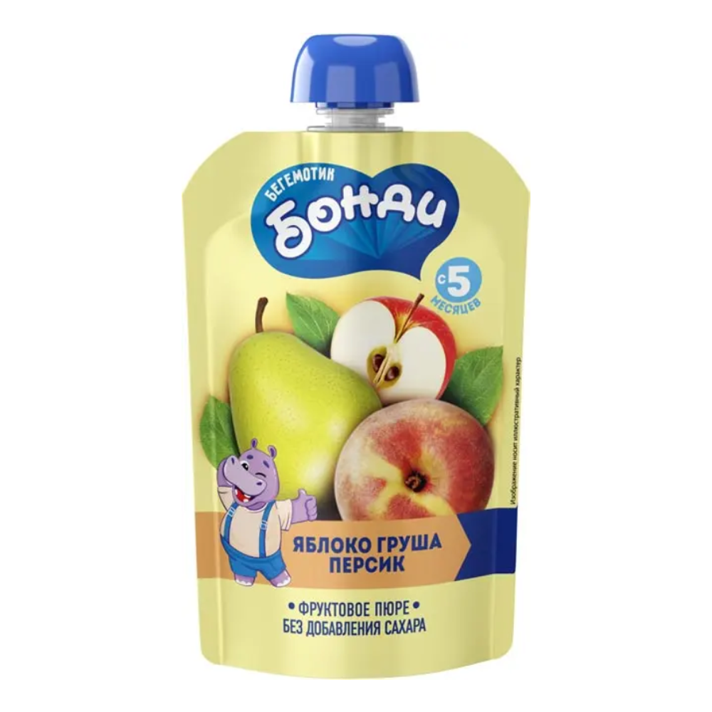 Пюре фруктовое БЕГЕМОТИК БОНДИ Яблоко, груша, персик (ДПак) 90г