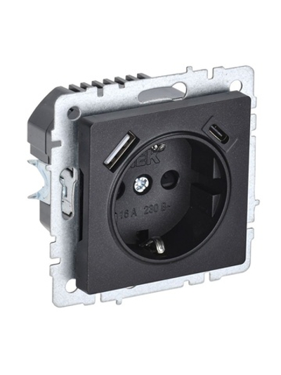 Розетка BRITE РЮш11-1-БрЧ 16А с USB A+C 18Вт с заземл. защ. шторки механизм черн. IEK BR-R14-16-U22-018-K02