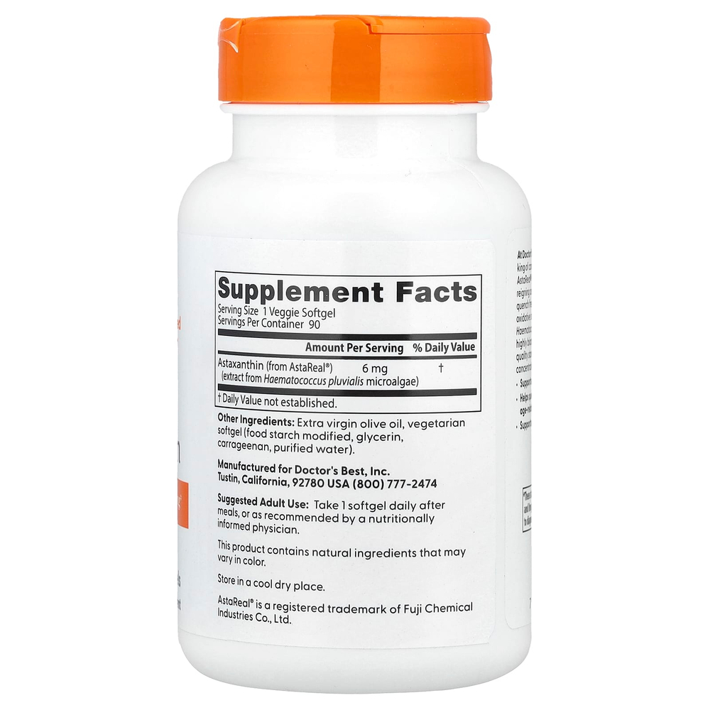 Doctor's Best, астаксантин, 6 мг, 90 растительных капсул