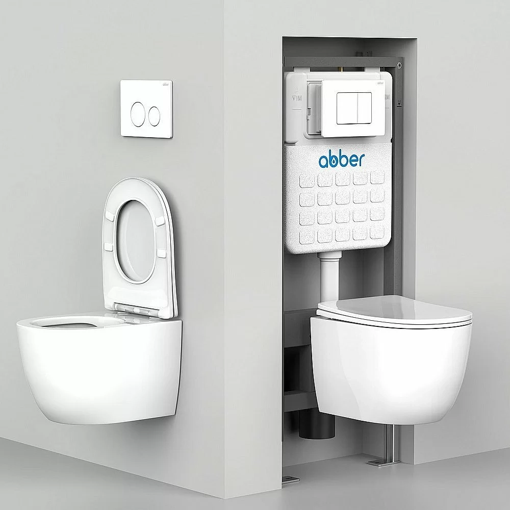 Унитаз подвесной Abber Bequem AC1100T-AC0105-AC0121NG белый, безободковый, с инсталляцией, с крышкой микролифт, слив-торнадо, с кнопкой никель