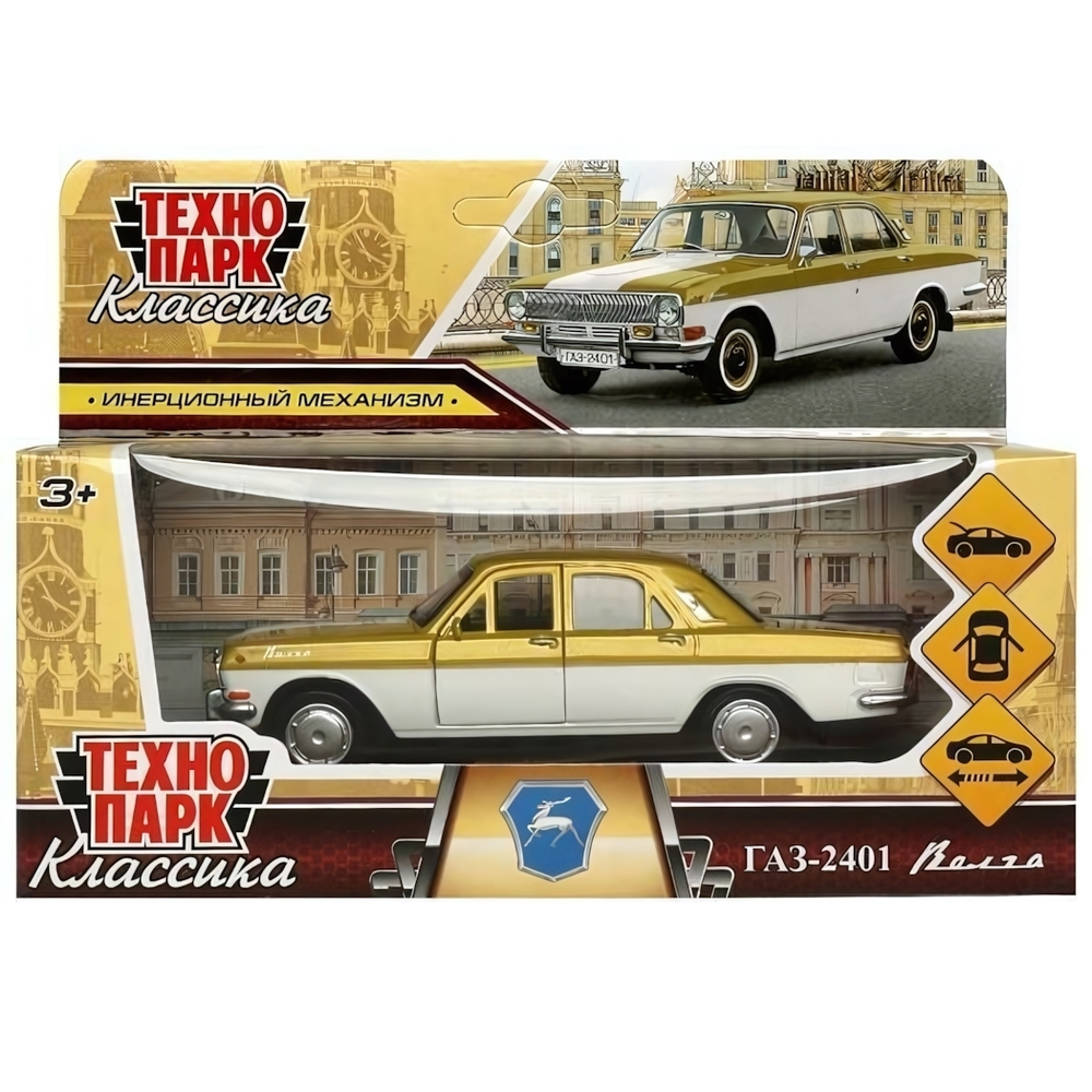 Модель ин. мет. "Газ-2401 Волга" 12см, дв, багаж, золотой, коробка 2401-12-GD (Технопарк)